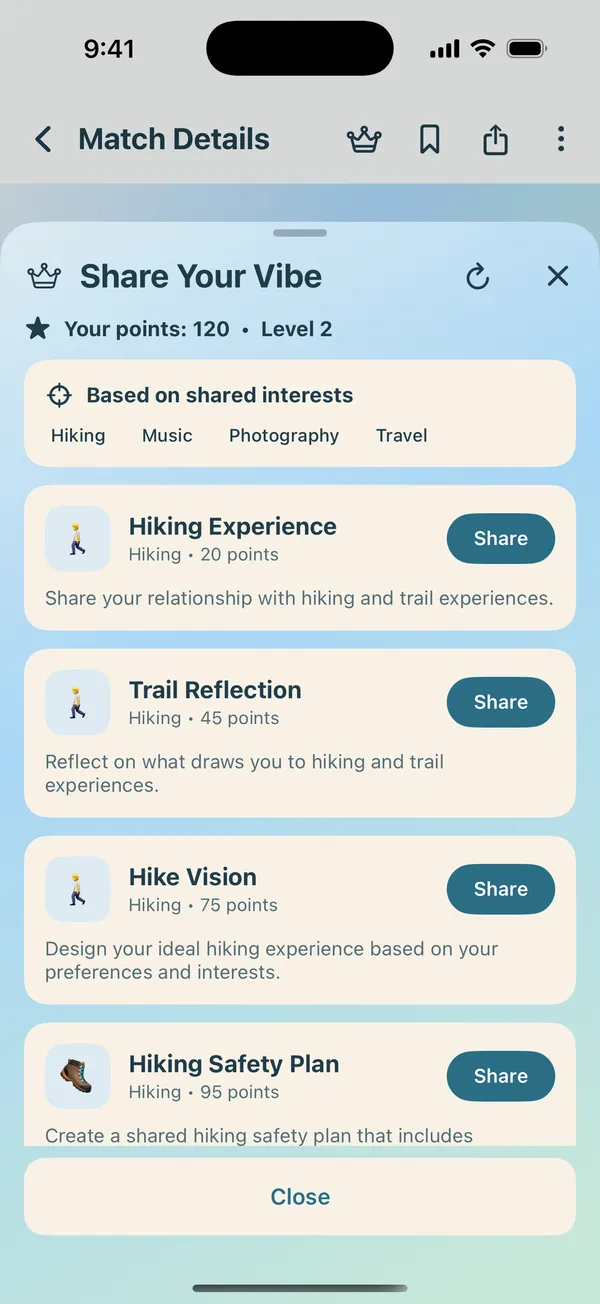 Share Your Vibe screen listing friendly challenges based on shared interests