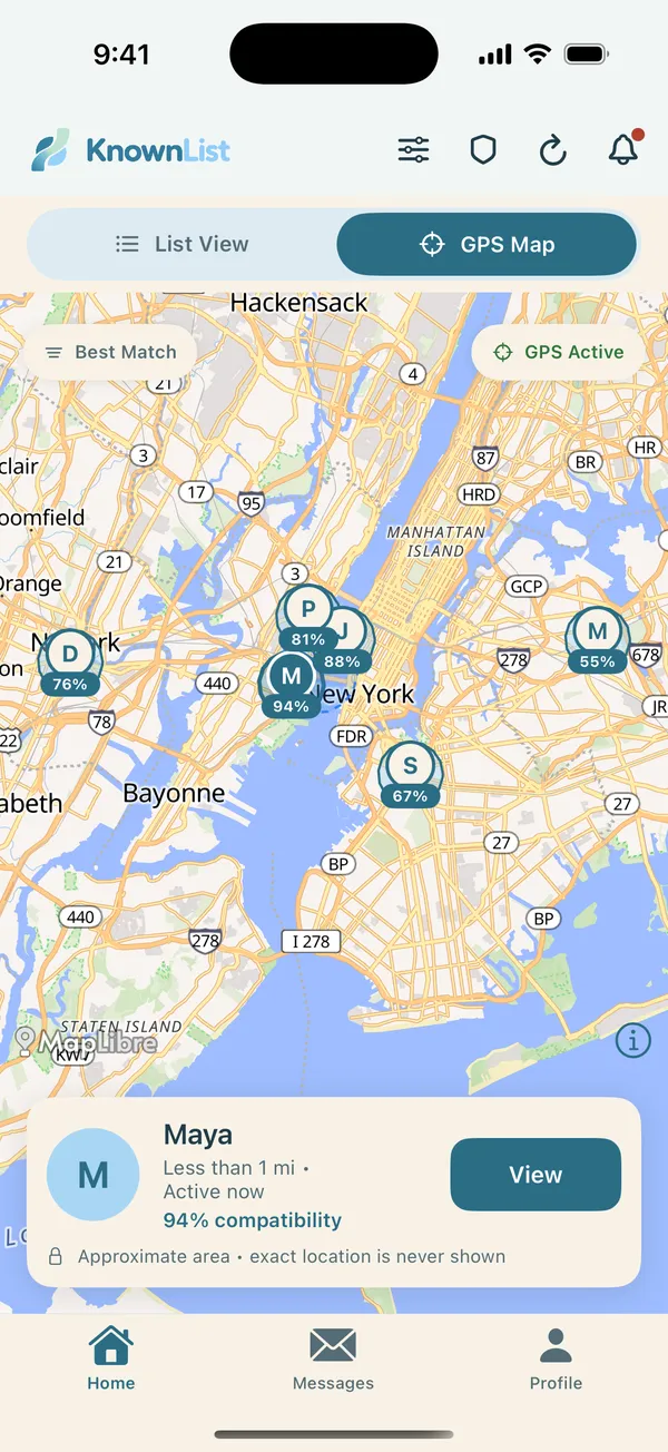Map showing approximate areas of nearby people with a note that exact location is never shown